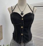 Real Shooting Denim Hanging Neck With Chest Pad Sling Vest Babes Single Buckle Bra Short Sleeveless Top Tide 2757