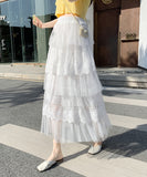 Spring And Summer New French Lace Splicing Wave Point Super Fairy Mesh Dress Embroidered Cake Half-Dress Korean Women's Dress