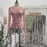 Double-Layer Mesh Lattice Waist Fold Irregular Hem With Long-Sleeved Top Repair T-Shirt 15671