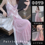 French Gentle Pink Cake Dress Women's Summer Bohemian Holiday Wind Folded Tunic Sling Skirt