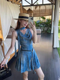Design Sense Blue Oblique Shoulder Dress Women Autumn 2026 New Waist High Temperament Irregular A Short Skirt