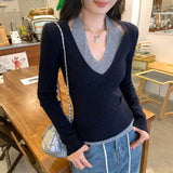Unique Fake Two-Piece Hanging Neck Long-Sleeved Knitted Bottom Shirt Women Autumn 2025 New High-End Sesame V-Neck Top