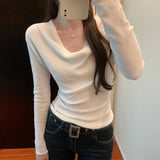 One-Word Shoulder Collar Gentle Little Scented Thin Long-Sleeved Knitted Shirt Girl Early Autumn New Korean Temperament Repair Body