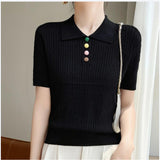 Loose Large Plate-Type Twist Rope Poolo Collar Knitted Shirt T-Shirts For Girls In Summer Thin Thin Short Cash