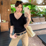 Old Money Wind Cotton Repair Button V-Neck Knitted Shirt Women's 2026 Summer New Unique Beautiful Thin Top