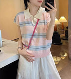 Collider Striped Polo Shirt Over Small Flying Sleeve Knitted T-Shirt Women's Summer Design Sense Age-Supling Embroidery Loose Top