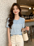 Korean Embroidered Striped Short-Sleeved Knitted Cardigan Women 6 Summer Fat Mm Thin Age-Dated Bottom Shirt Top