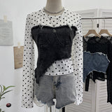 Po Point Mesh Splicing Irregular Raging Denim Long-Sleeved T-Shirt Short Slim Top 2617