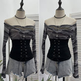 The Real Shot Of The Hottie Shoulder Mesh Hot Diamond To Receive The Belt Strap Horn Long Sleeve Top Short T-Shirt 2760