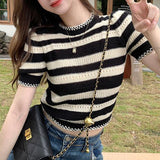 Sweet Hottie Black And White Striped Shoulder Short Sleeve T-Shirt Girl Summer Hollow Niche Knitted Shirt High-Waist Sexy Short Top