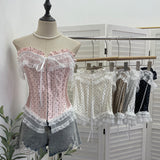 Real Shooting Retro Wave Point Splicing Lace Lace Bra Waist Sexy Short Sleeveless Hook Buckle Top 2825