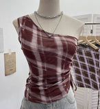 Real-Slender Mesh Slant Shoulder Lattice Sling Sling Waist Strap With Short Shoulderless Sleeveless Top 8075
