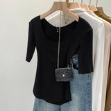 2026 Early Spring Explosion Gray U-Neck Short-Sleeved T-Shirt Women's Commuting Summer New Niche Super Beautiful Thinch Waist