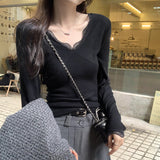 2025V Lace Splicing Temperament Long-Sleeved Knitting Bottom Shirt Women Autumn And Winter Korean Koi Special To The Top