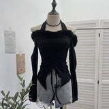 Real Shooting Hottie Hanging Neck A Word Shoulder Hair Spliced Long-Sleeved T-Shirt Draw Tie With Short Bottom Shirt 88882