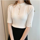 Spring And Summer With A Small Suit And Bottom Shirt Women's Design Sense Of Small Half-High Collar New Knitted Shirt T-Shirt