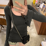 2026 Early Spring Hottie Low-Collar Horn Sleeve T-Shirt For Girls' New Mid- And Long-Term Bottoming Shirts In The Spring And Autumn Season