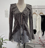 Dark Wind To Make Old Hole Horn Long Sleeve Open Shirt Tie With Lotus Leaf Side V Collar Sunscreen Shirt 9280