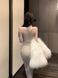 Temperament Cross-Hanging Neck Dress Woman Spring Hottie Knitted Skirt Female Sexy Tight Ass Long Dress