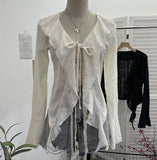 Dark Wind To Make Old Hole Horn Long Sleeve Open Shirt Tie With Lotus Leaf Side V Collar Sunscreen Shirt 9280