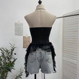 Real Shot With Chest Cushion Denim Splicing Lace Ribbon Irregular Thoracic Coat Short Strap Strap Vest 2739