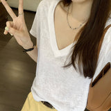 Korean Loose And Beautiful Pure Desire V-Neck Snowflake Short-Sleeved T-Shirt For Girls Summer New Lazy And Relaxed Hottie Top