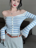 Early Autumn Shoulder Stripe Slim Short Bottom Long-Sleeved Knitted Shirt Slim Thin Waist Bottom Shirt Top Dress Woman