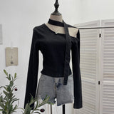 Autumn Spice Girls Slant Shoulder Cowboy Shirt Design Sense Of The Neck With Long Sleeves And Short-Term Repair Bodysuit 2668
