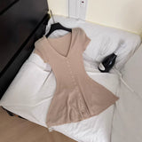 South Korea Dongdaefang Fashion V-Neck Solid Color Single Buckle Set Slim Sexy Knitted Dress