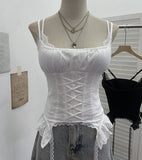 Summer Outside Wearing Hottie Fake Two Splicing Lace Slings Vest Short Sleeveless Top 12282