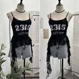 Real Shooting Lace Sling Vest Irregular Ribbon Hot Wear Print Short-Sleeved Top 1193