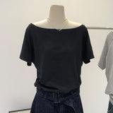 2026 Spring And Summer Relaxed Leisure Light And Comfortable A Word Shoulder Oblique Shoulder Two Wearing Short-Sleeved T-Shirt Zhang Jingyi The Same Top