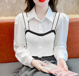 Fake Two Knitted Vest Sling Splicing Bubble Sleeves Simple Atmospheric French Design Sense Sweet Blouse Woman