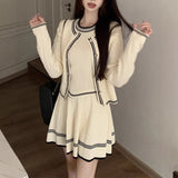 Small Fragrant Knitted Suit Long Sleeve Open Shirt Coat With Vest Top Dress Women Autumn Half Dress Three-Piece Set