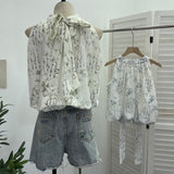 Net Yarn Splicing Printing New Chinese Style Collared With Hanging Neck Buckle Shirt Small Slap Short Vest 9127