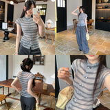Beautiful Single Wear Double Buckle Striped Knitted Short-Sleeved Women's Summer 2026 New Old Money Style Style Open Shirt Thin Top