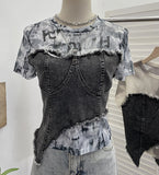 Stylish Denim Splicing Dizzy Mesh Yarn Short-Sleeved T-Shirt Girl Summer Body Short Small Blouse 26171