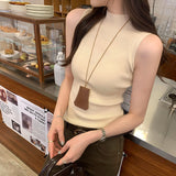 * Korean Half-High Collar Shoulder Thin Sleeveless Knitted Shirt Girls Summer 2025 Outside Wearing The Inside And Playing Bottom Vest