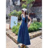 Blue Sleeveless Cowboy Sling Dress Women's Spring And Summer New Square Neck-Upid Thin French Temperament Long Dress