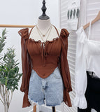 Spice Girls Shoulder-Mounted Neck With Long-Sleeved Chindal Wooden Ear-Deared Shirt Short With Chest Cushion Top 8873