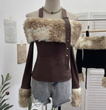 Dizzling Dyeing Collar Splicing Composite Thin Velvet Hanging Neck Shoulder Long Sleeve Top Short Slim T-Shirt 1391