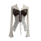 Real Shooting V Tie With Retro 2025 New Hottie Sexy Lace Splicing Pu Leather Hollow Shirt Top 6108