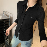 Hong Kong Wind Wears Pocket Snowflake Cotton Inside The Folded Shirt Woman 2025 Spring High-End Feeling Light Luxury To Reduce The Age Of The Gas Blouse