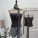 Real-Patting Mesh Leopard Print Sexy One-Word Shoulder Hanging Neck With Chest Vest With Chest Pad Short Top 15971