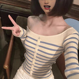 Early Autumn Shoulder Stripe Slim Short Bottom Long-Sleeved Knitted Shirt Slim Thin Waist Bottom Shirt Top Dress Woman