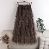 Color Lattice Irregular Multi-Layer Mesh Cake Skirt Women's Autumn And Winter New High Waist Hanging Feeling Long Half-Body Skirt