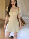 South Korea Dongdaefang Fashion V-Neck Solid Color Single Buckle Set Slim Sexy Knitted Dress