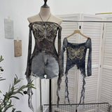 Real Shot Raging Butterfly Embroidery Y2k Babes Punk Word Shoulder Tie-Dye Mesh T-Shirt With Short Top 1319