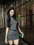 Grey Half-Necked Short-Sleeved Knitted Dress Girl Spring Body Repair Dress Sister Babes Hip Skirt