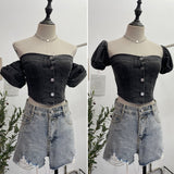 Real Shot Shoulder Bubble Short Sleeves Denim Shirt Design Hot Girl Collar Small Short Top 2530